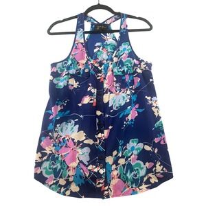 Yumi Kim Floral Racerback Button Down Tank Top Navy Blue Multicolor Small